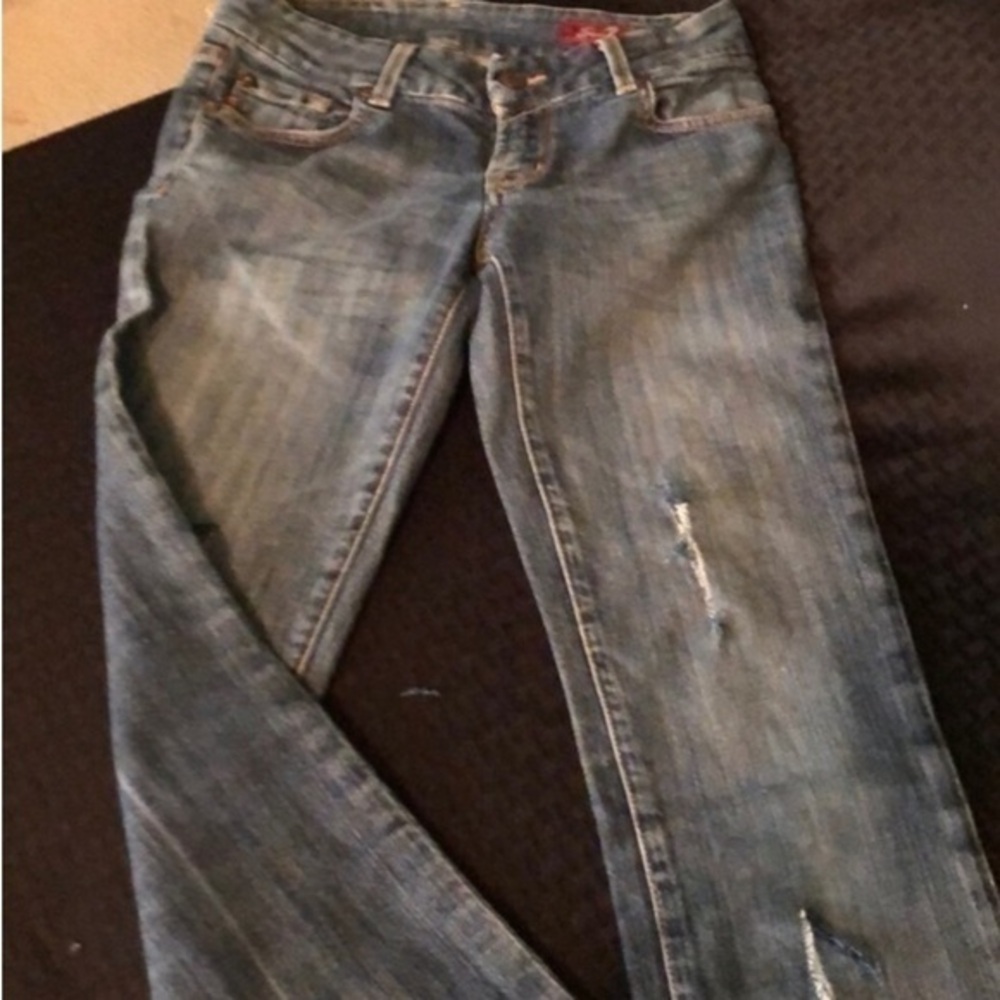 Seven7 Blue Straight Leg Jeans with Distressed Details